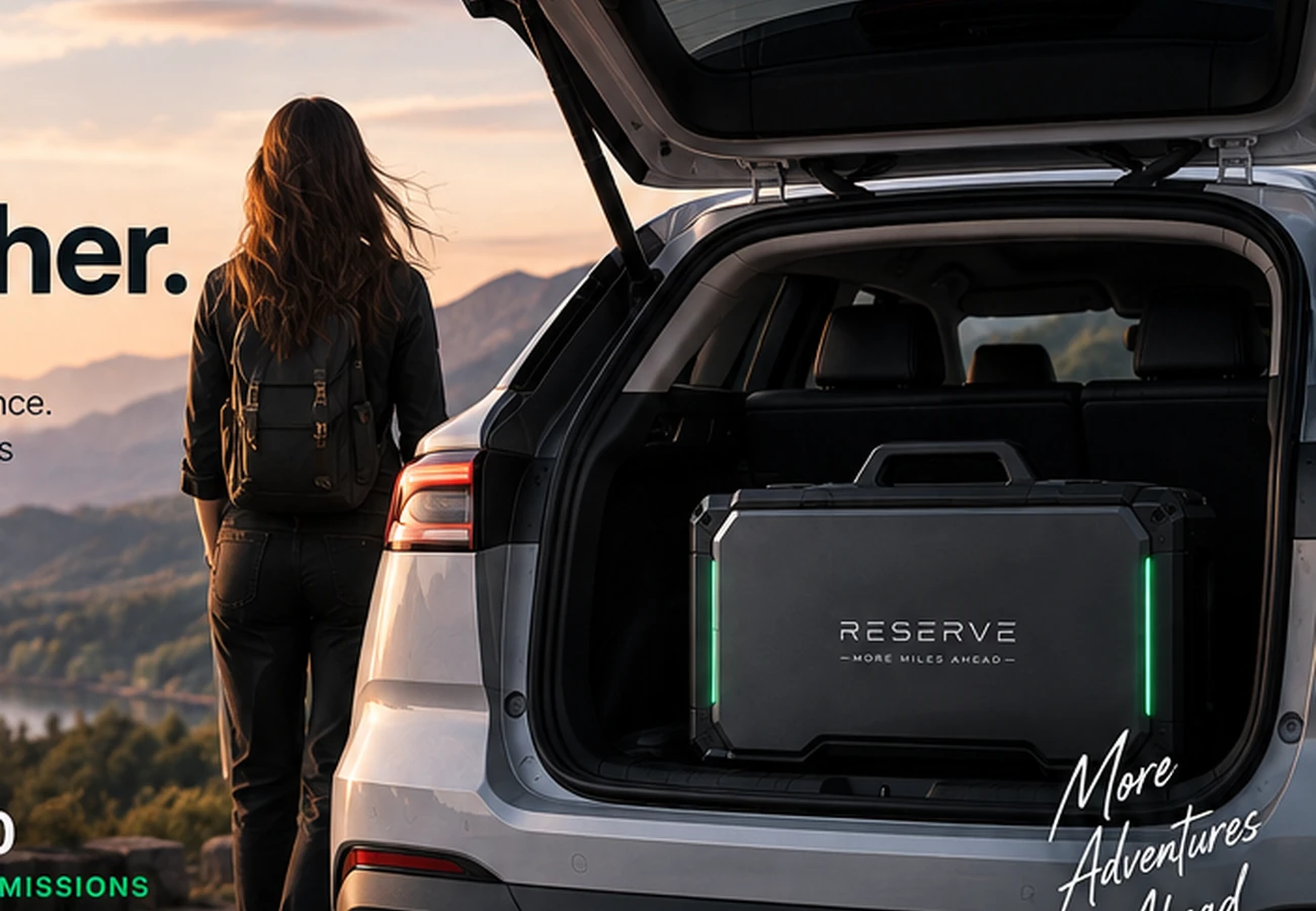 Traveler beside an EV with RESERVE in its trunk